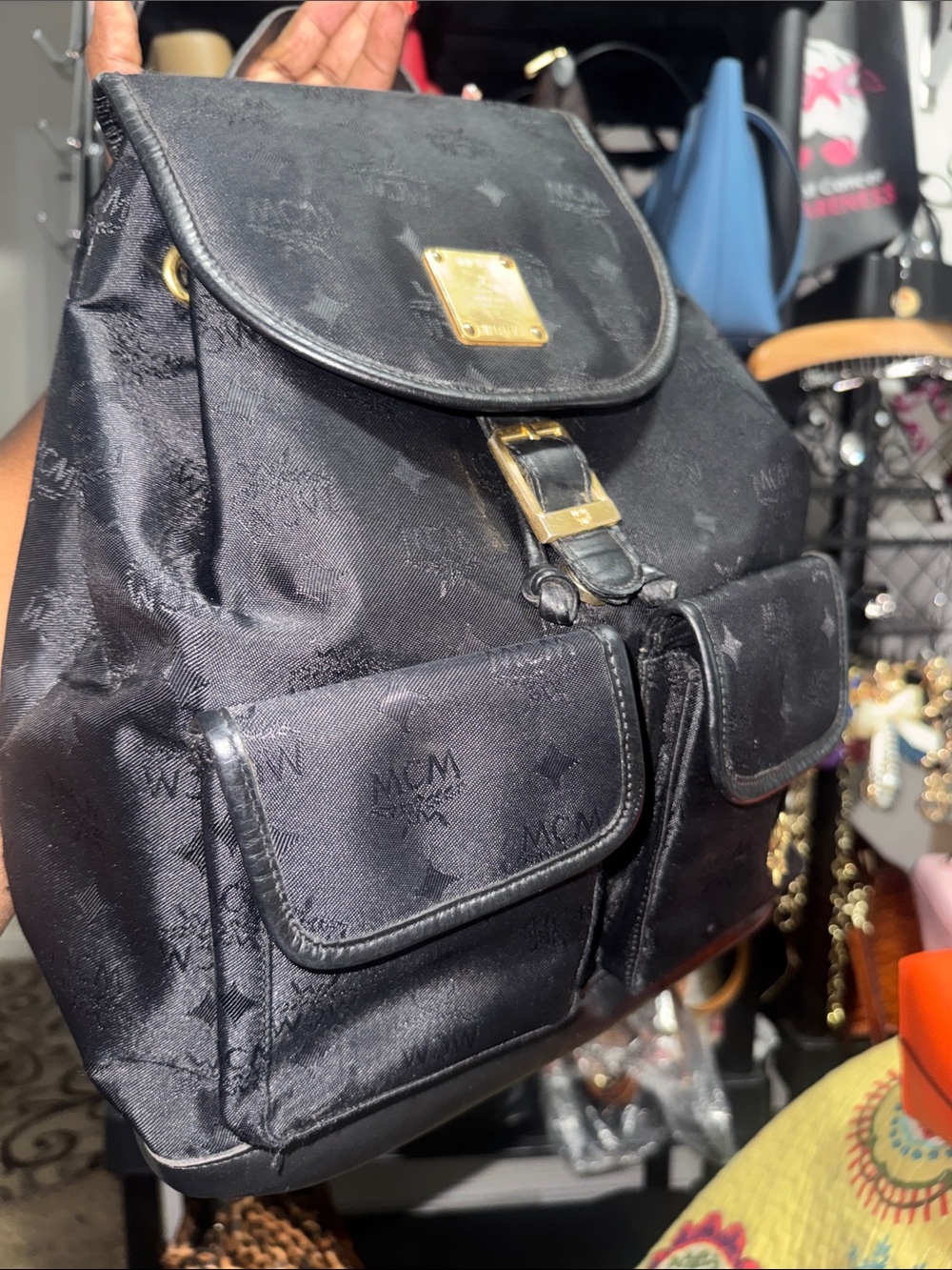 MCM Black Embossed Leather Backpack with Gold Hardware - Picture 2 of 5